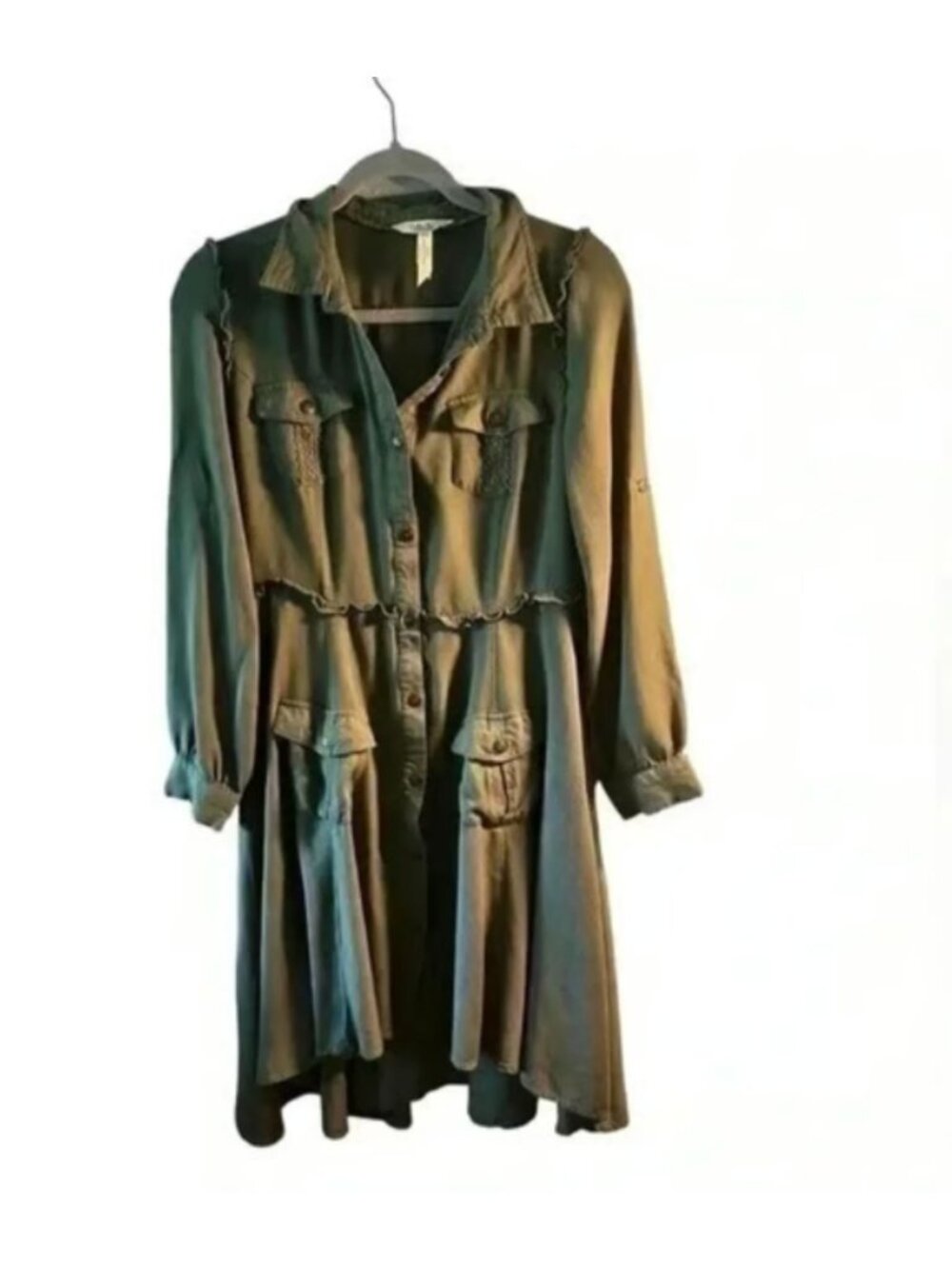 Matilda Jane Olive Green Button-Down Long-Sleeve Ruffle Dress Womens Medium